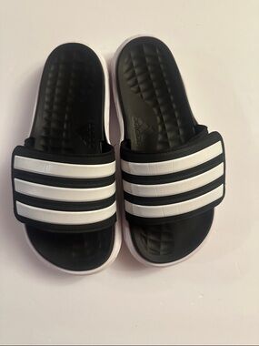 adidas Black and White Three-Stripe Slide Sandals